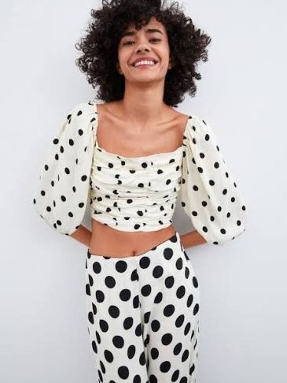 Zara White Crop Top & Wide-Leg Pants Set - Black Polka Dot
